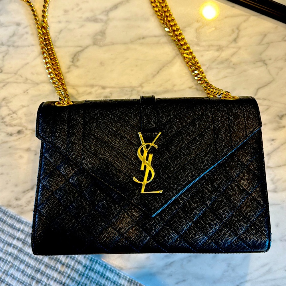 YSL Saint Laurent Envelope Triquilt Medium Should Bag in Grained Leather